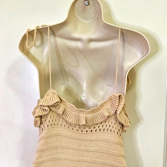 Papermoon Beige Knit V-Neckline Sleeveless Ruffle Boho Mini Dress,Medium - Picture 7 of 16